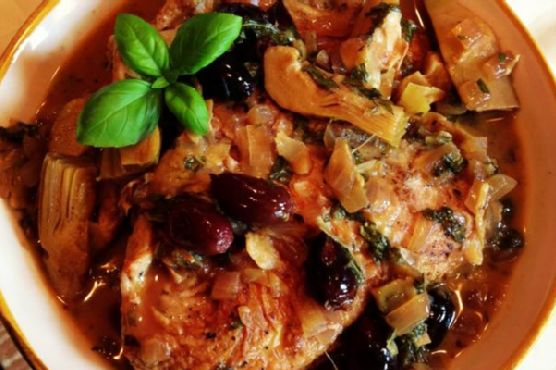 Braised Chicken with Artichoke Hearts & Olives