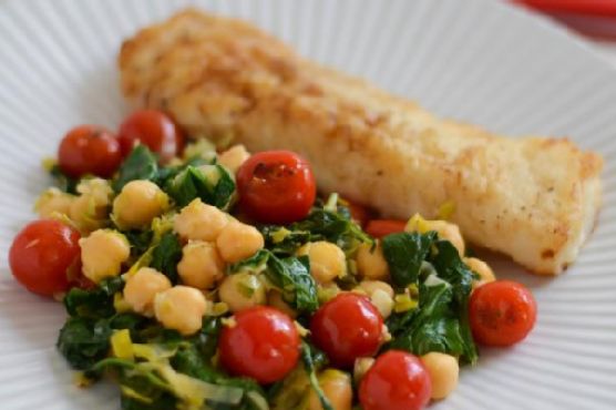 Cod with Chickpeas, Leeks, Baby Kale and Seared Cherry Tomatoes