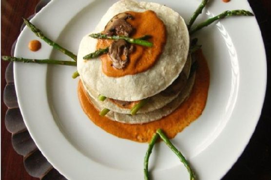 Corn Tortilla and Veggie Stacks With Red Pepper Coulis