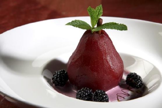 Poached Pears With Blackberry Honey Crème Fraiche