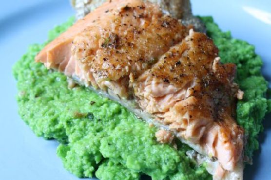 Rainbow trout with basil pea puree