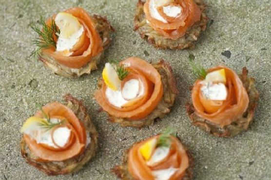 Rostis With Smoked Salmon and Dill Creme