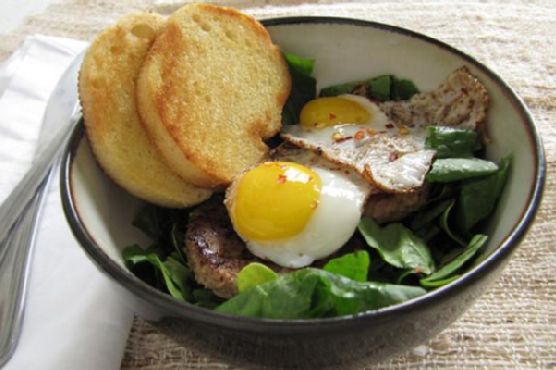 Sausage, Spinach, and Quail Egg Breakfast Salad