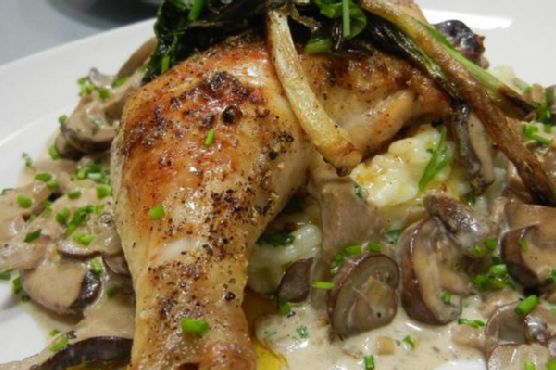Spiced Chicken With Risotto, Wild Mushroom Cognac Cream, and Pan-Seared Ramps